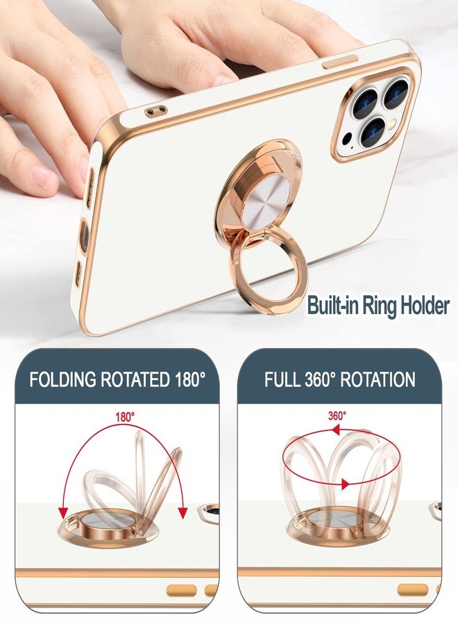 Hython for iPhone 14 Pro Max Case with Ring Stand [360° Rotatable Ring Holder Magnetic Kickstand] [Support Car Mount] Plated Gold Edge Slim Soft TPU Luxury Protective Phone Case Cover, White - Image 4